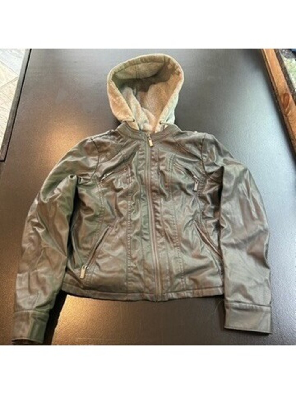 Vintage y2k designer Gray hooded faux leather jacket